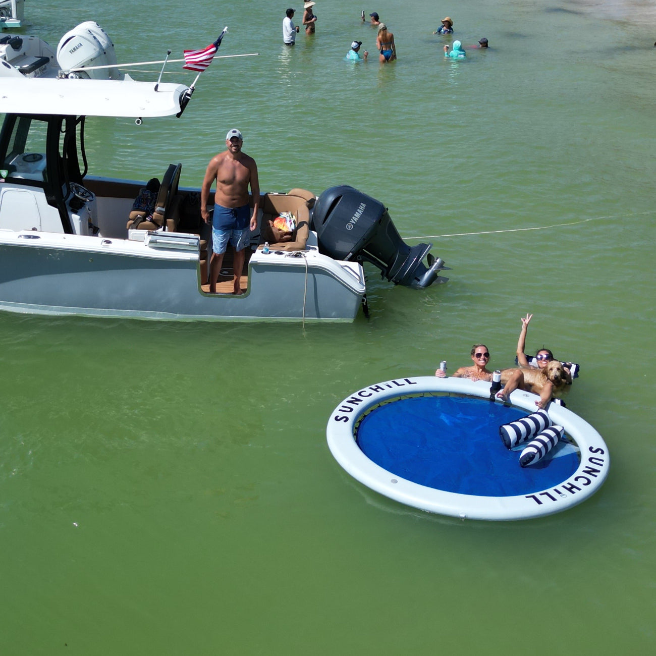 Drone view of a Silver Sunchill float with a dog beside a boat.